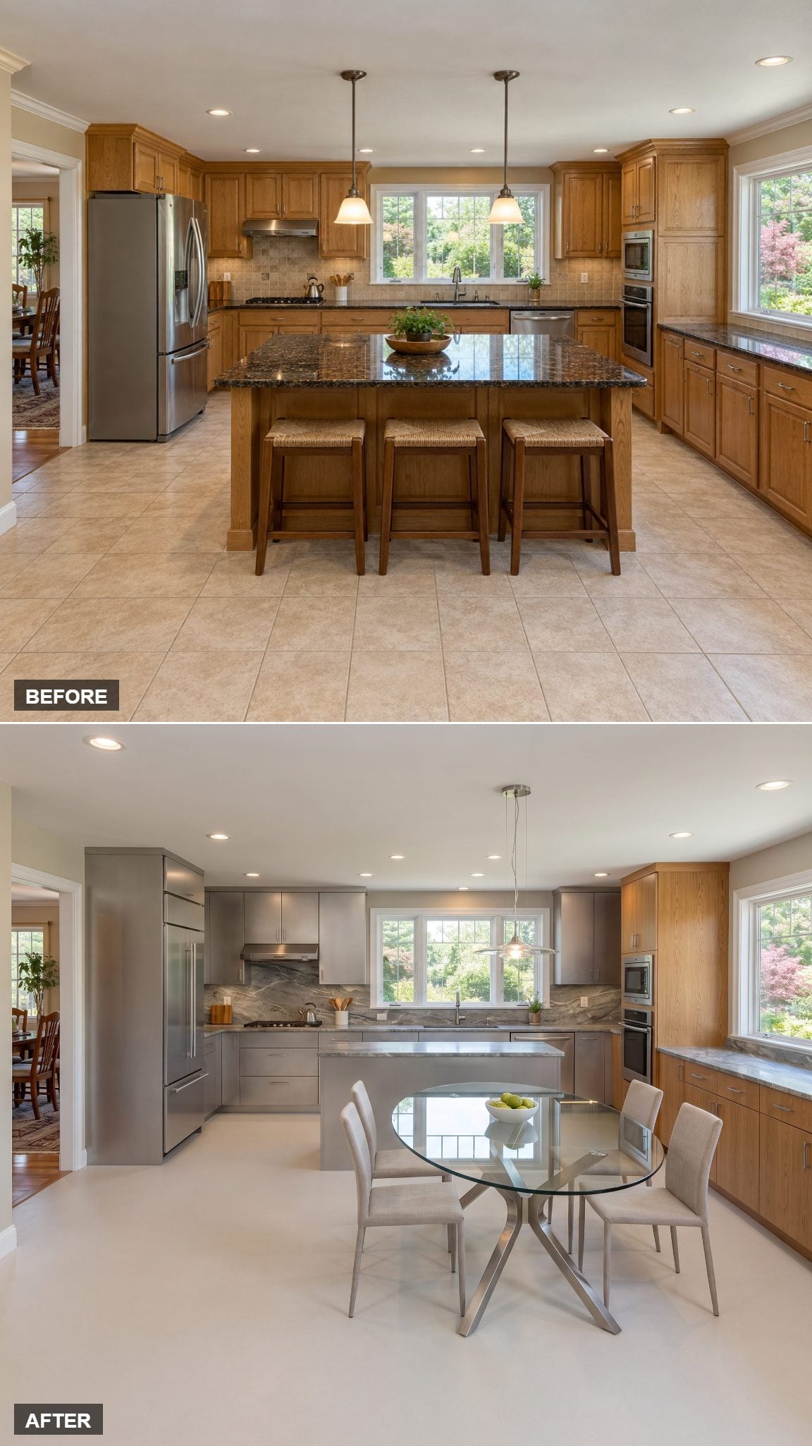 Glass Dining Table Floating in an Aluminum-and-Stone Kitchen