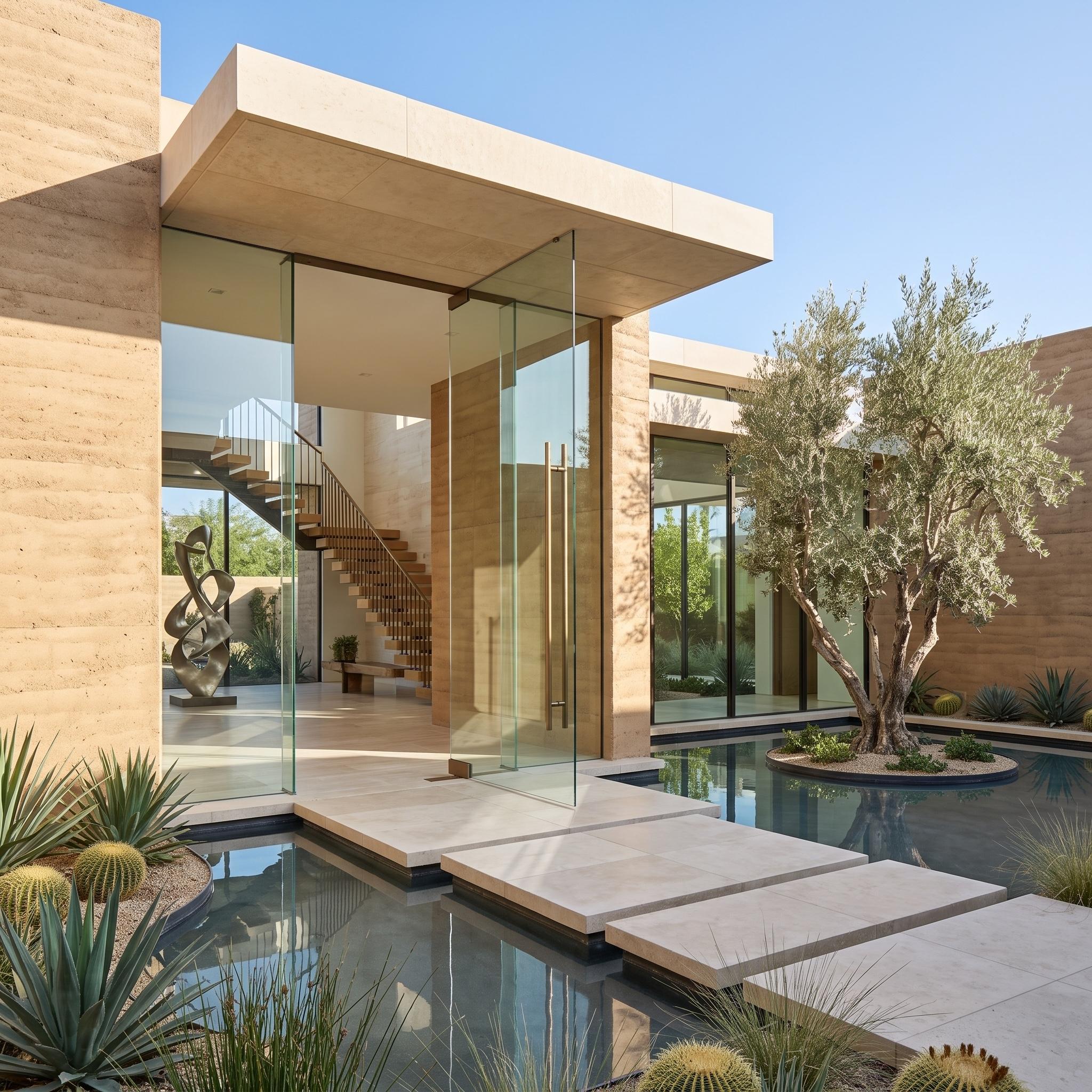 Transparent full-height glass pivot door opening onto a contemporary rammed-earth courtyard with reflecting pool