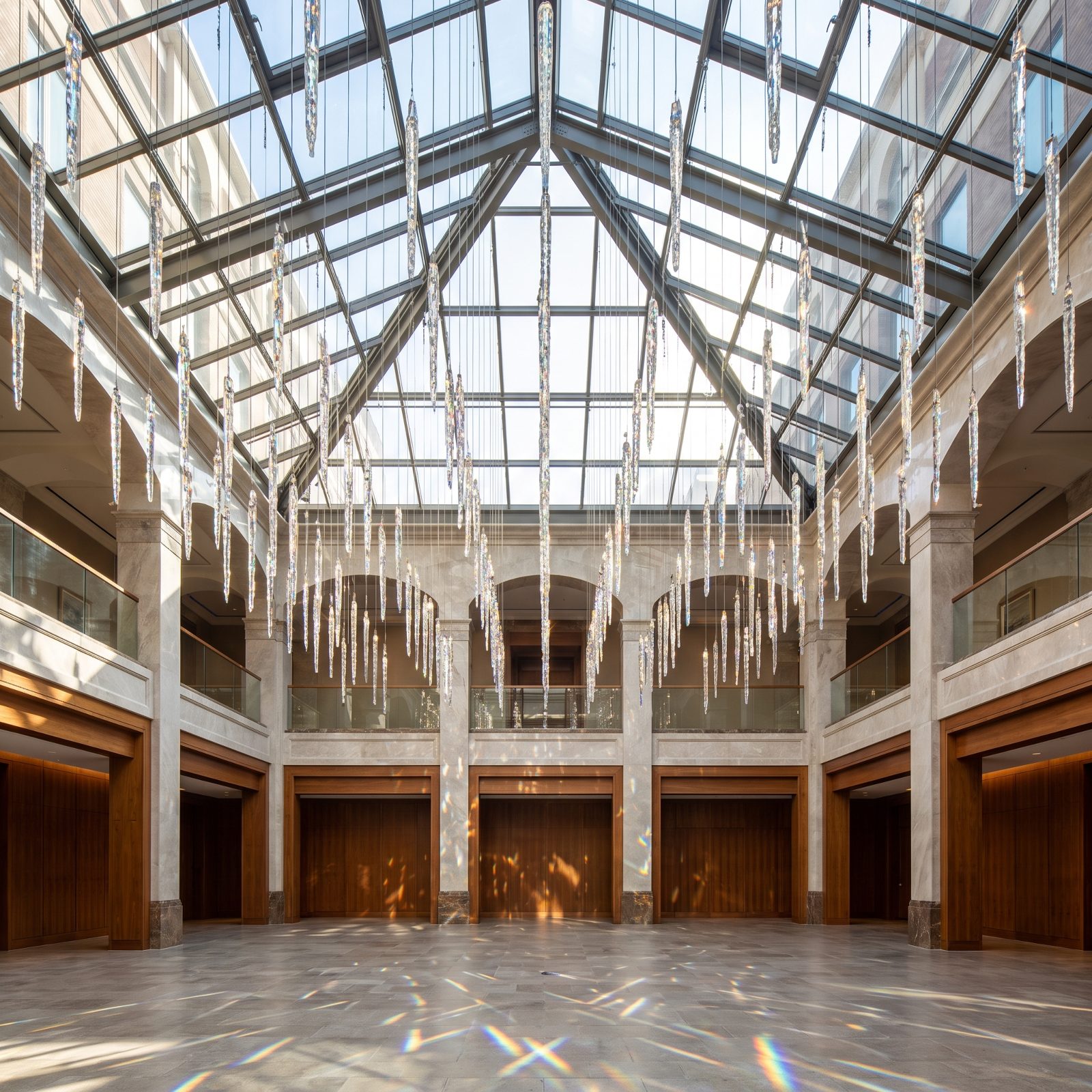 A Glass-Roofed Atrium Filled With Hanging Crystal Icicles