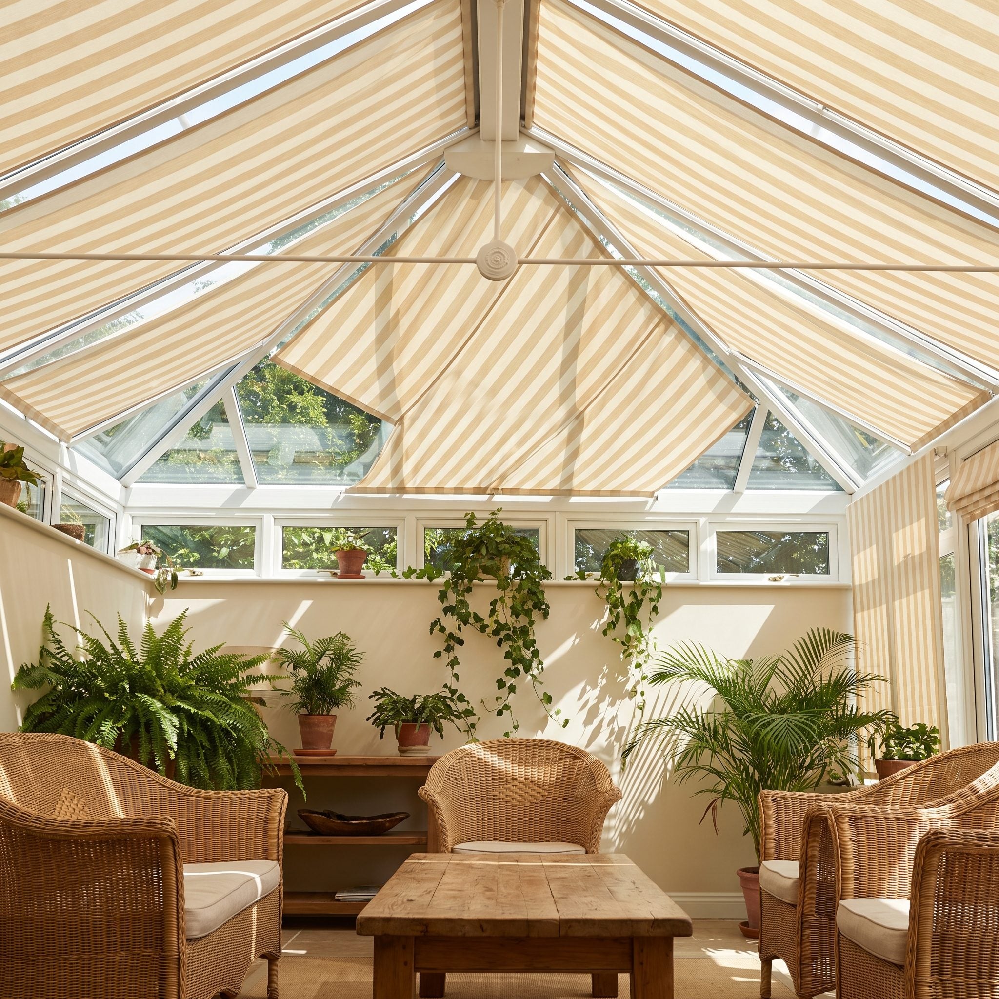 The Glass-Roofed Garden Room With Filtered Sunlight
