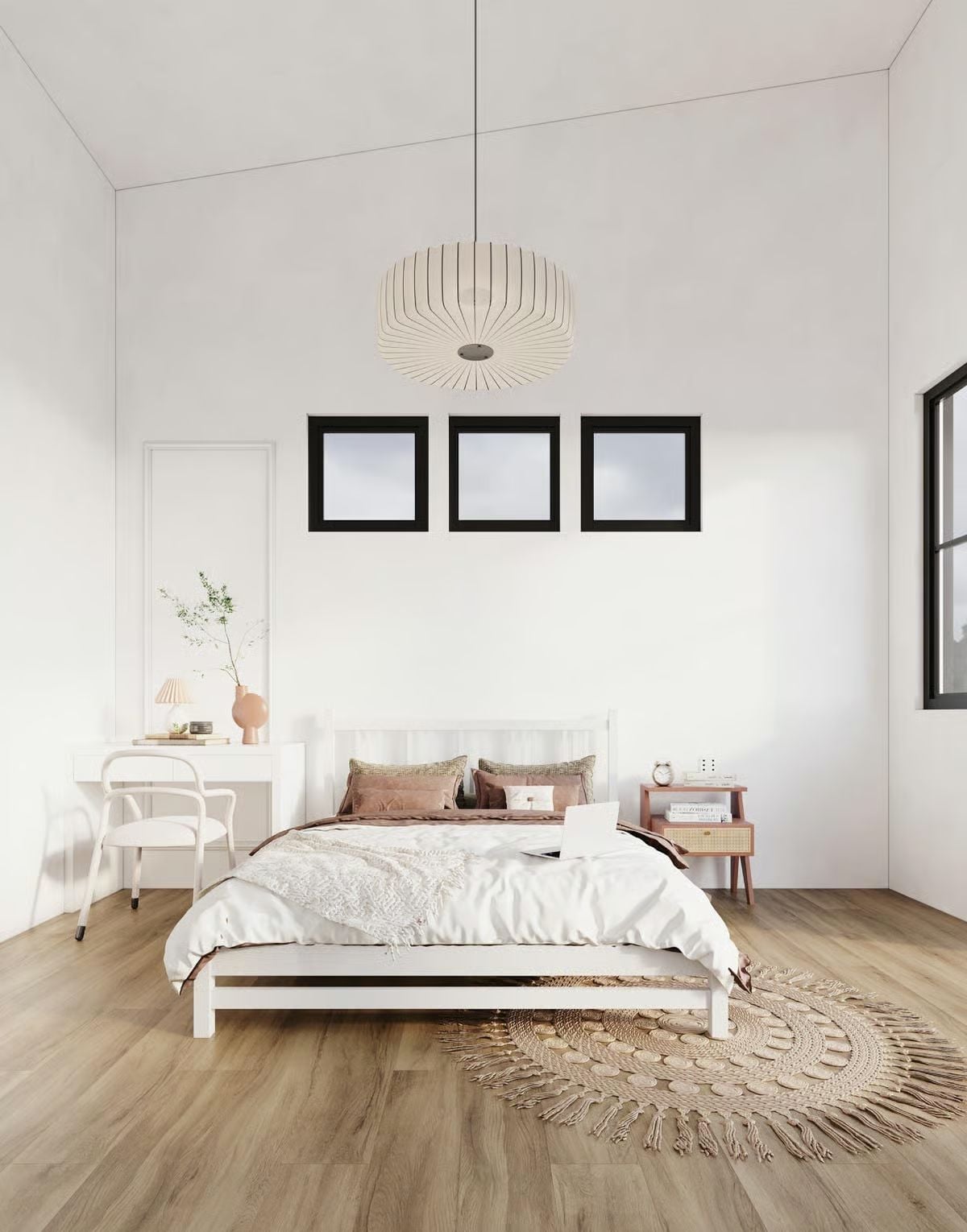 Boho Macramé Rug and Dusty Rose Pillows That Keep White From Feeling Cold