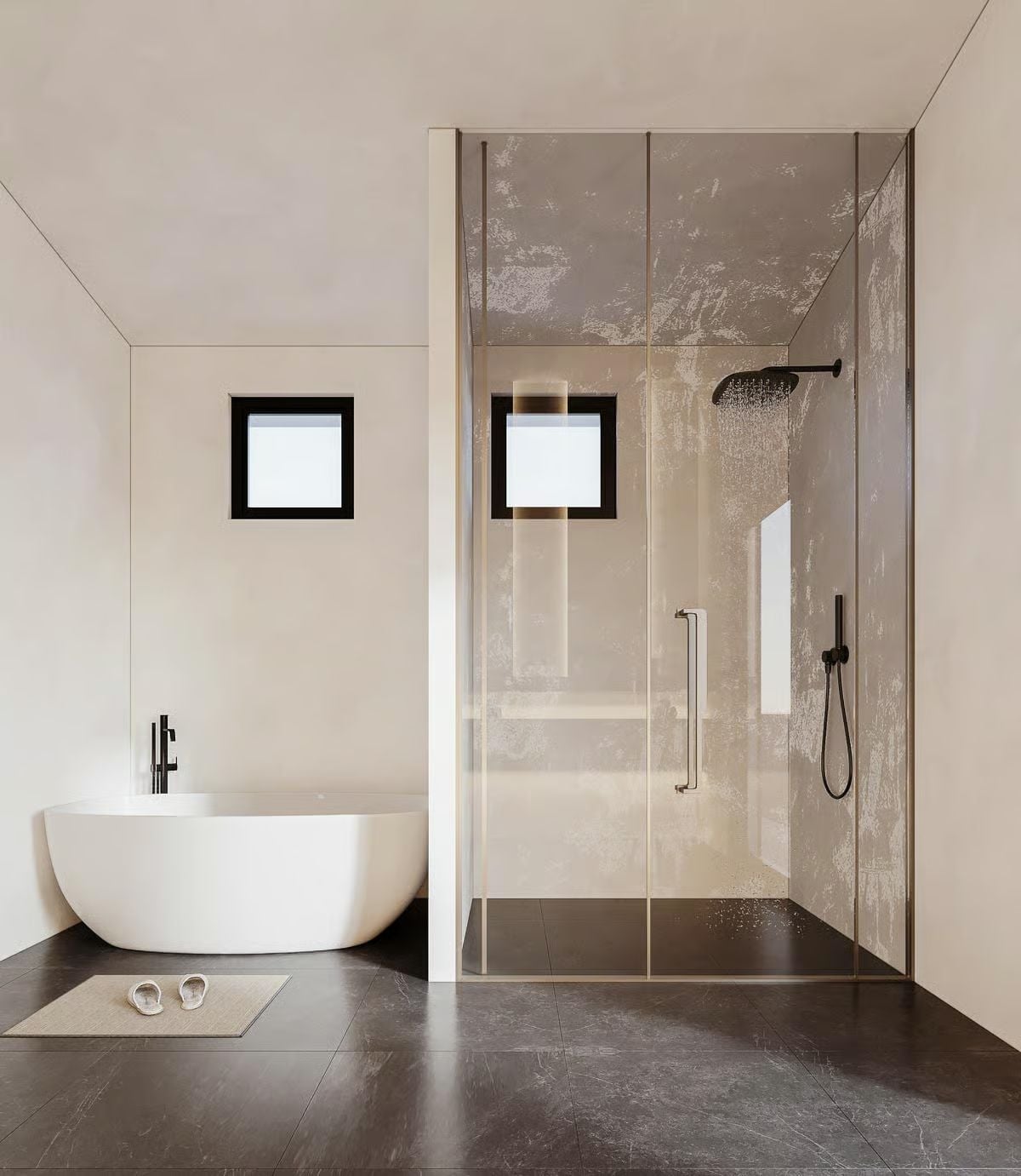 Smoked Glass and Matte Black Fixtures in a Bathroom Built for Slowing Down