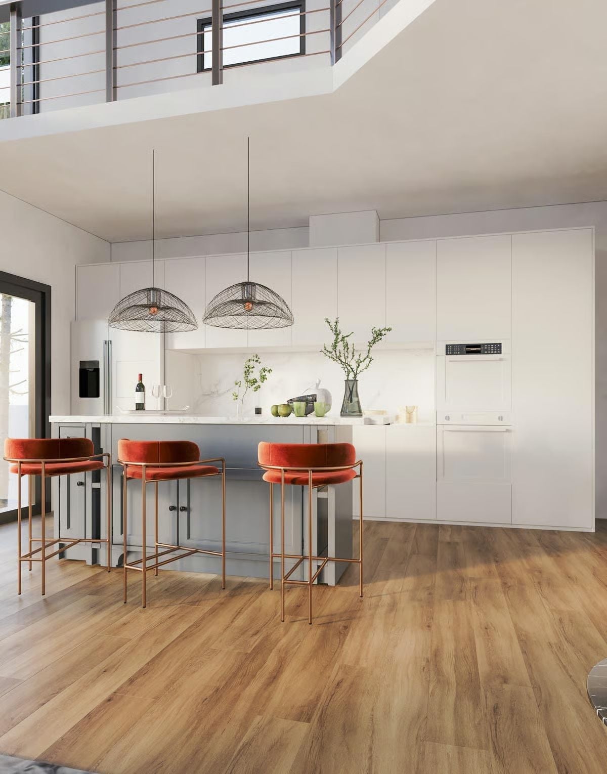 Wire Pendants and Rust Velvet That Make a White Kitchen Feel Lived In