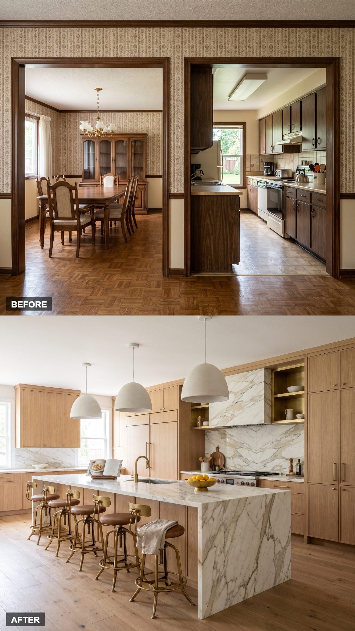 Grand Calacatta Kitchen Hall in Warm Oak and Gold-Veined Marble