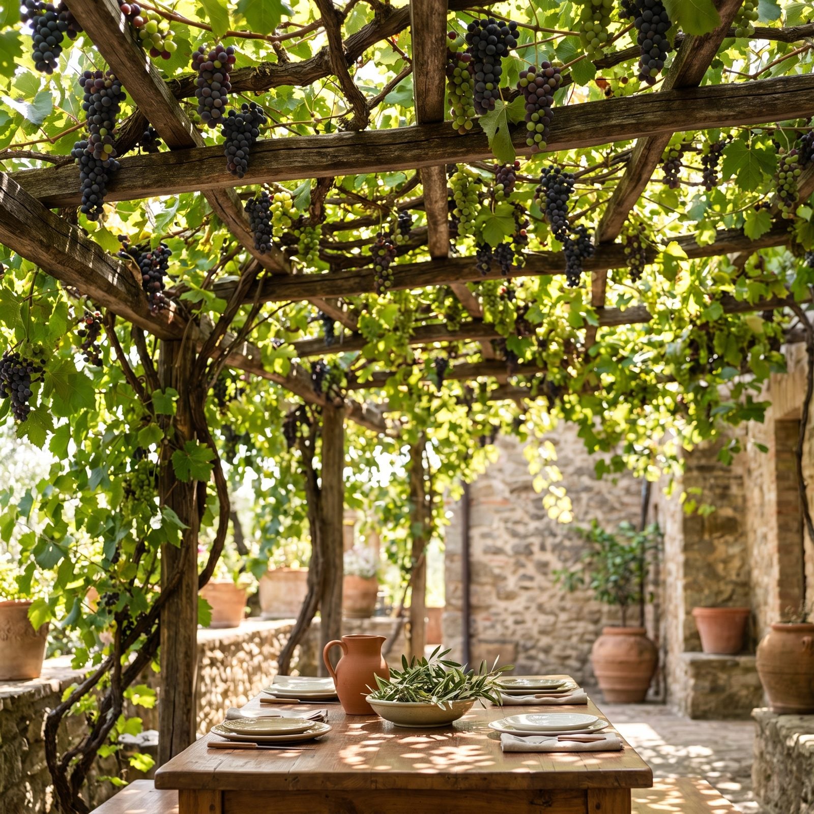 A Grapevine-Covered Dining Arbor