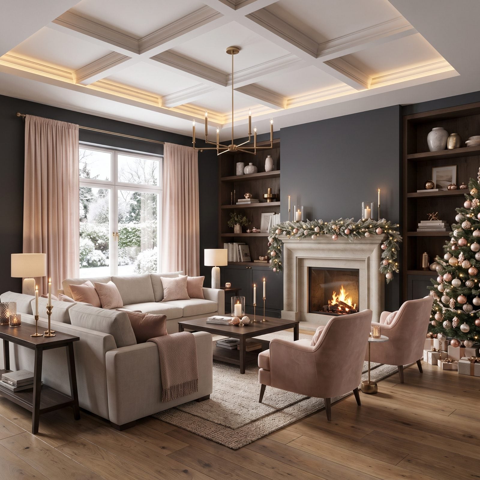 Graphite and Champagne Pink: The Moody-Soft Christmas Living Room