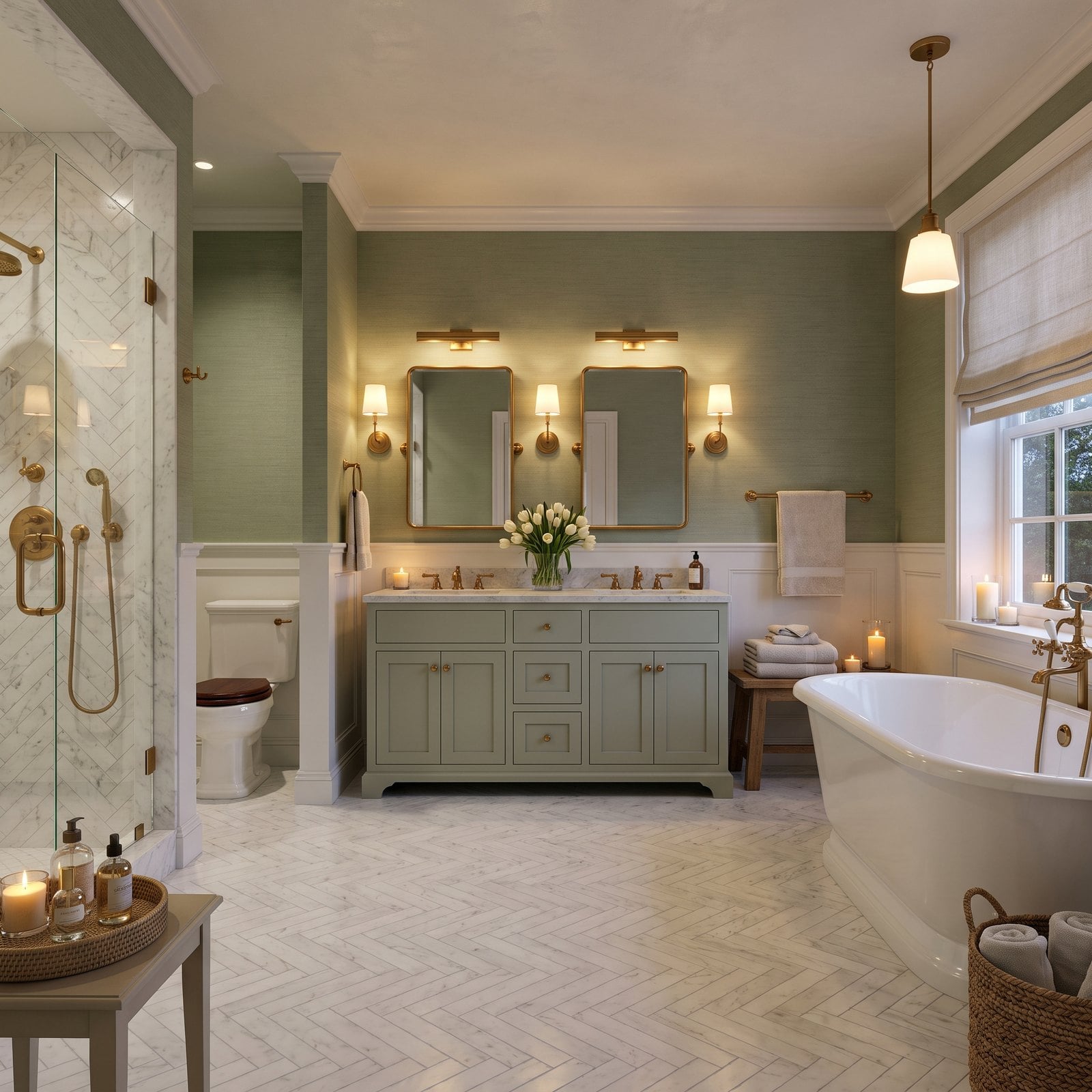 Grasscloth Walls in Sage Wrap a Transitional Ensuite