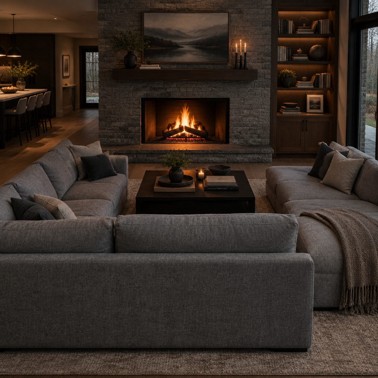 A Gray Sectional Blocking the Room's Warm Fireplace
