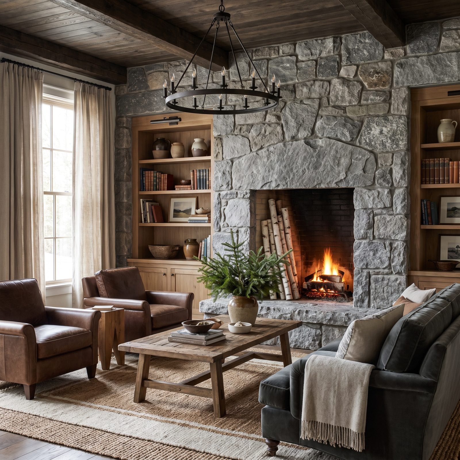 Gray Stone Hearth with Birch Logs and Fir