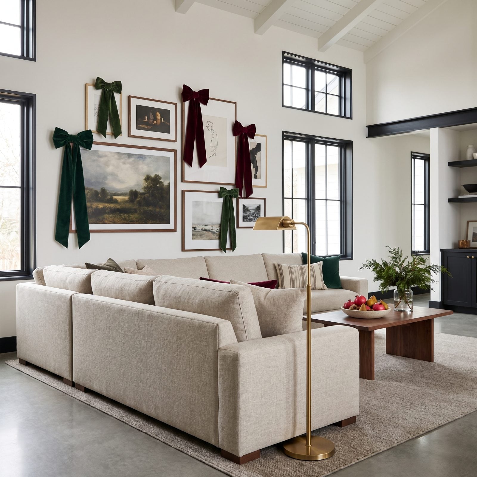A Great Room Featuring Oversized Velvet Bows on Existing Art