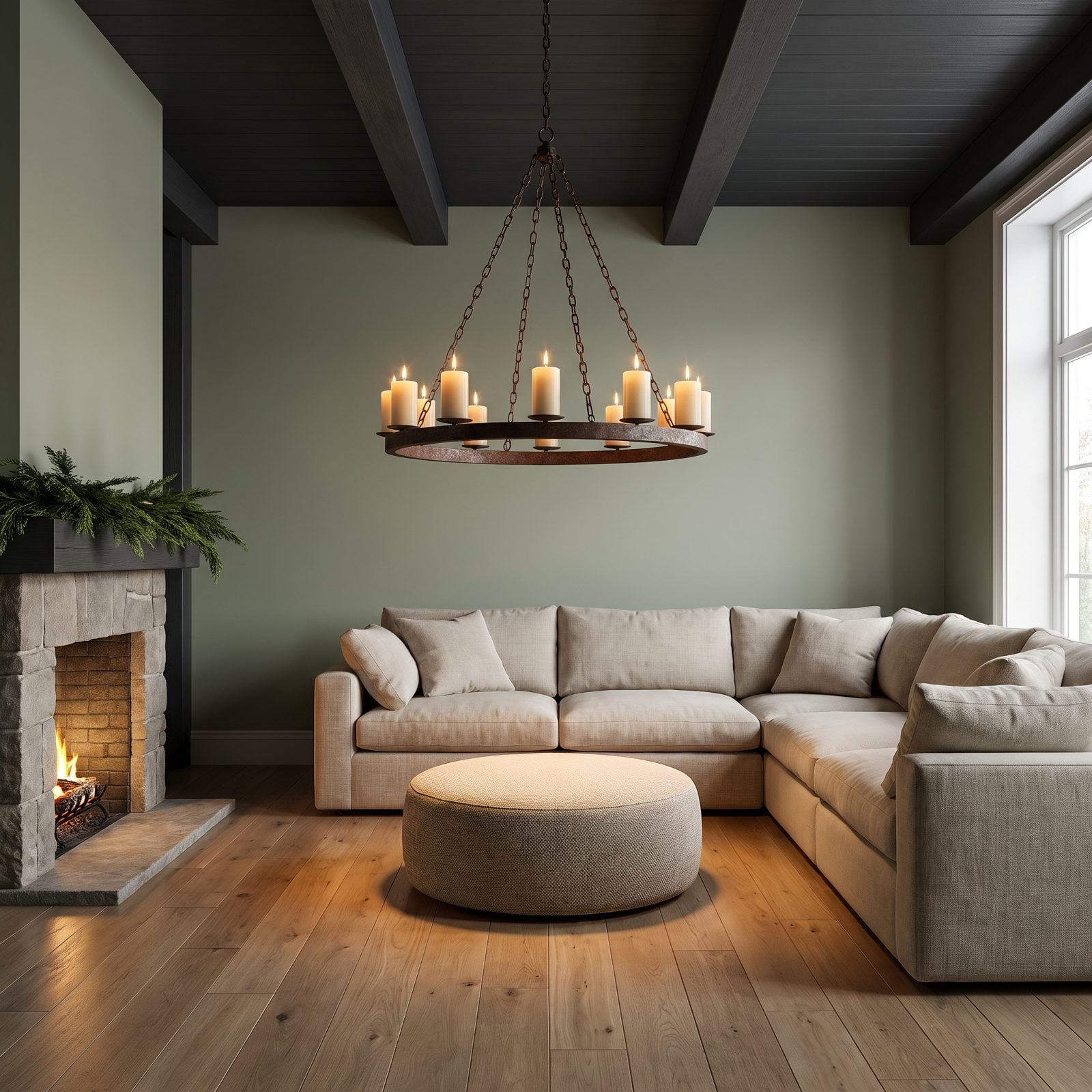 A Great Room with a Suspended Ring of Candlelight