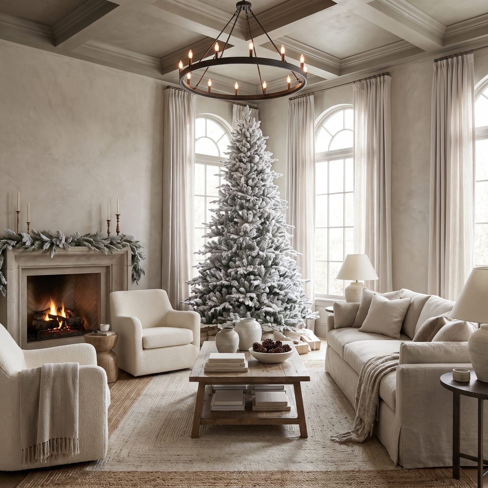 A Greige Great Room Centered on a Flocked Tree