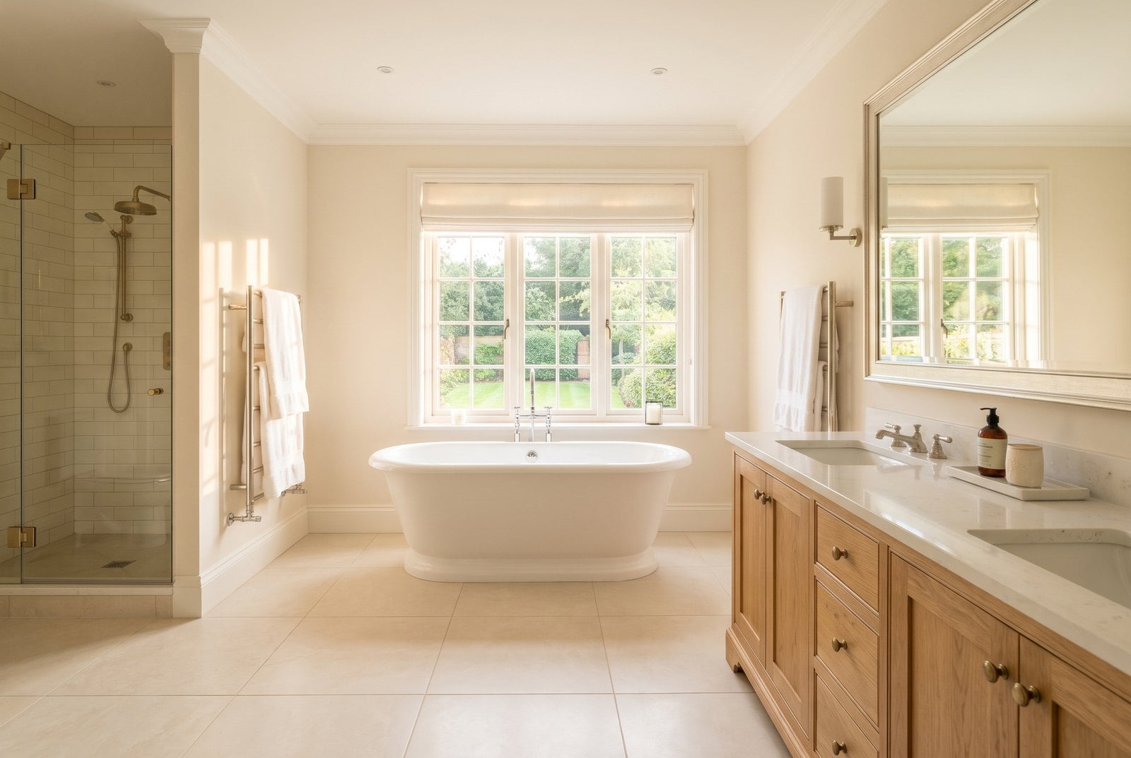 Bathroom with a freestanding tub and a natural wood vanity
