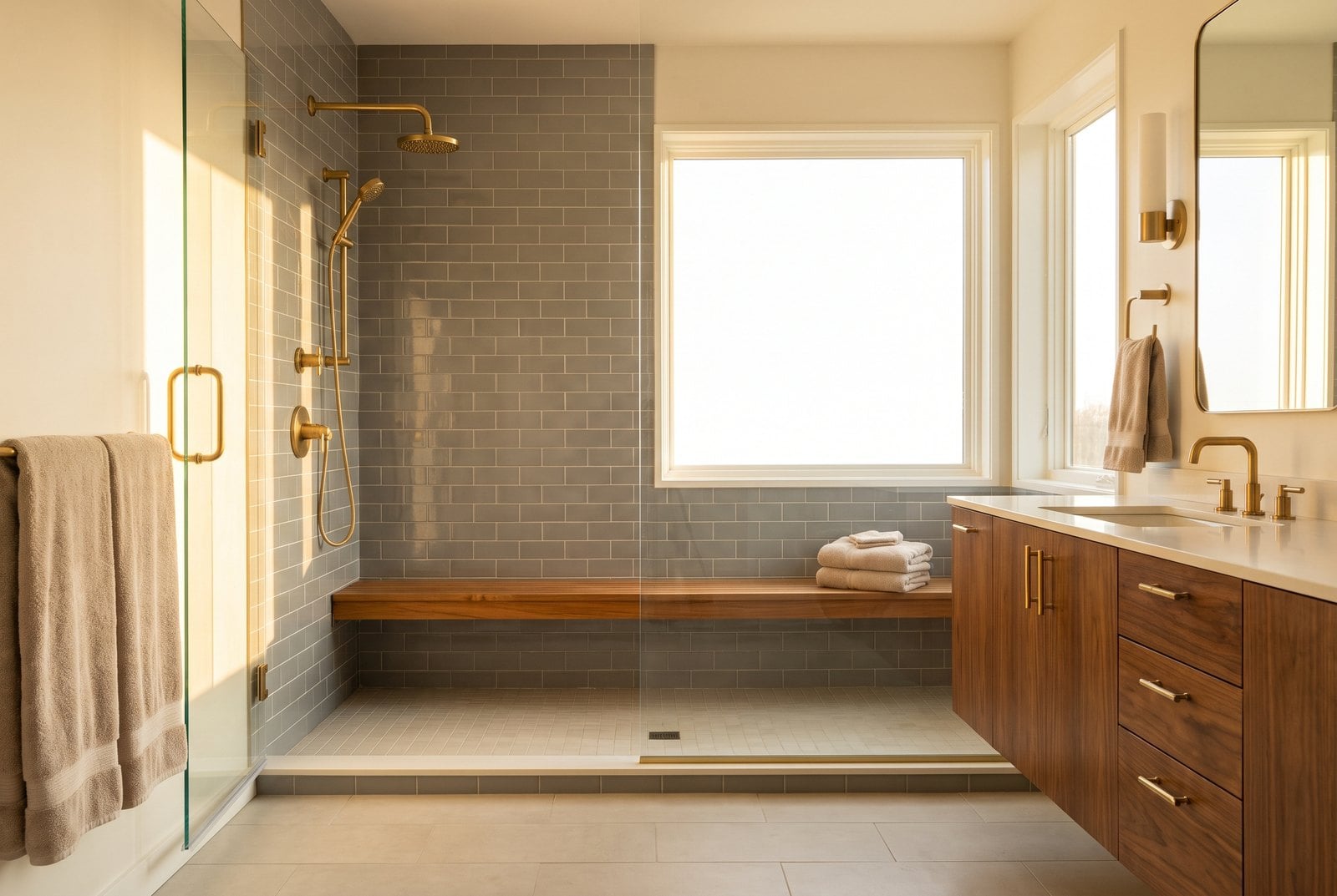 Grey tile shower with warm wood accents and warm lighting