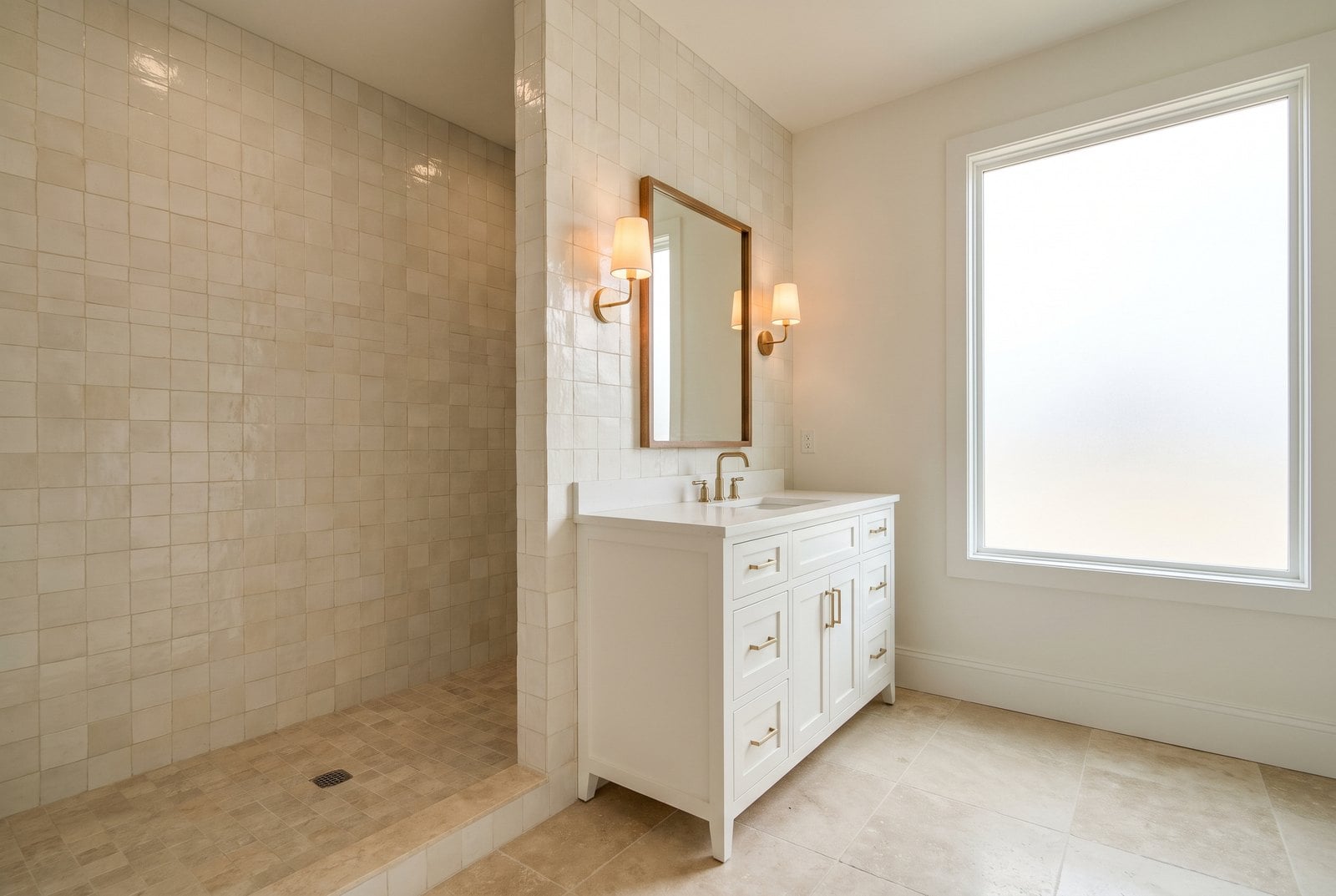 Bright transitional bathroom with cream tile