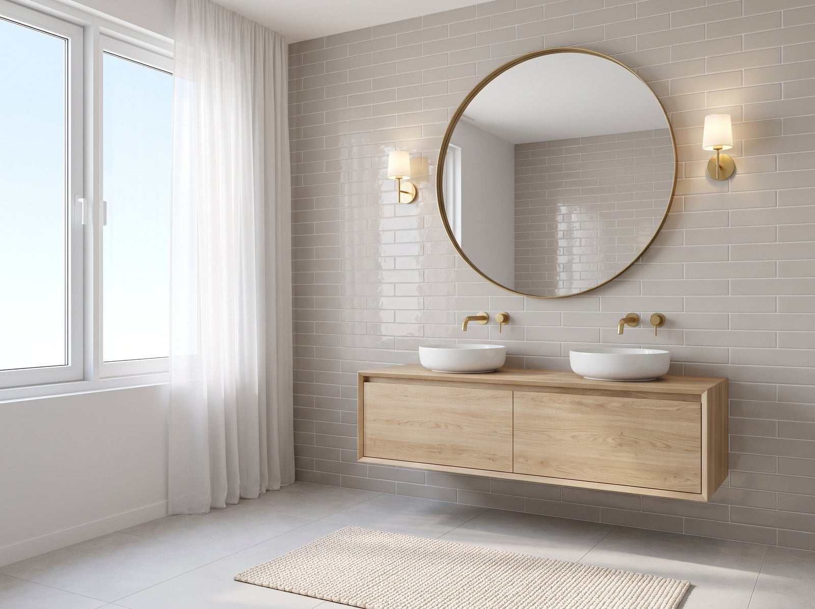Bathroom with soft grey tile, a wood vanity and warm light