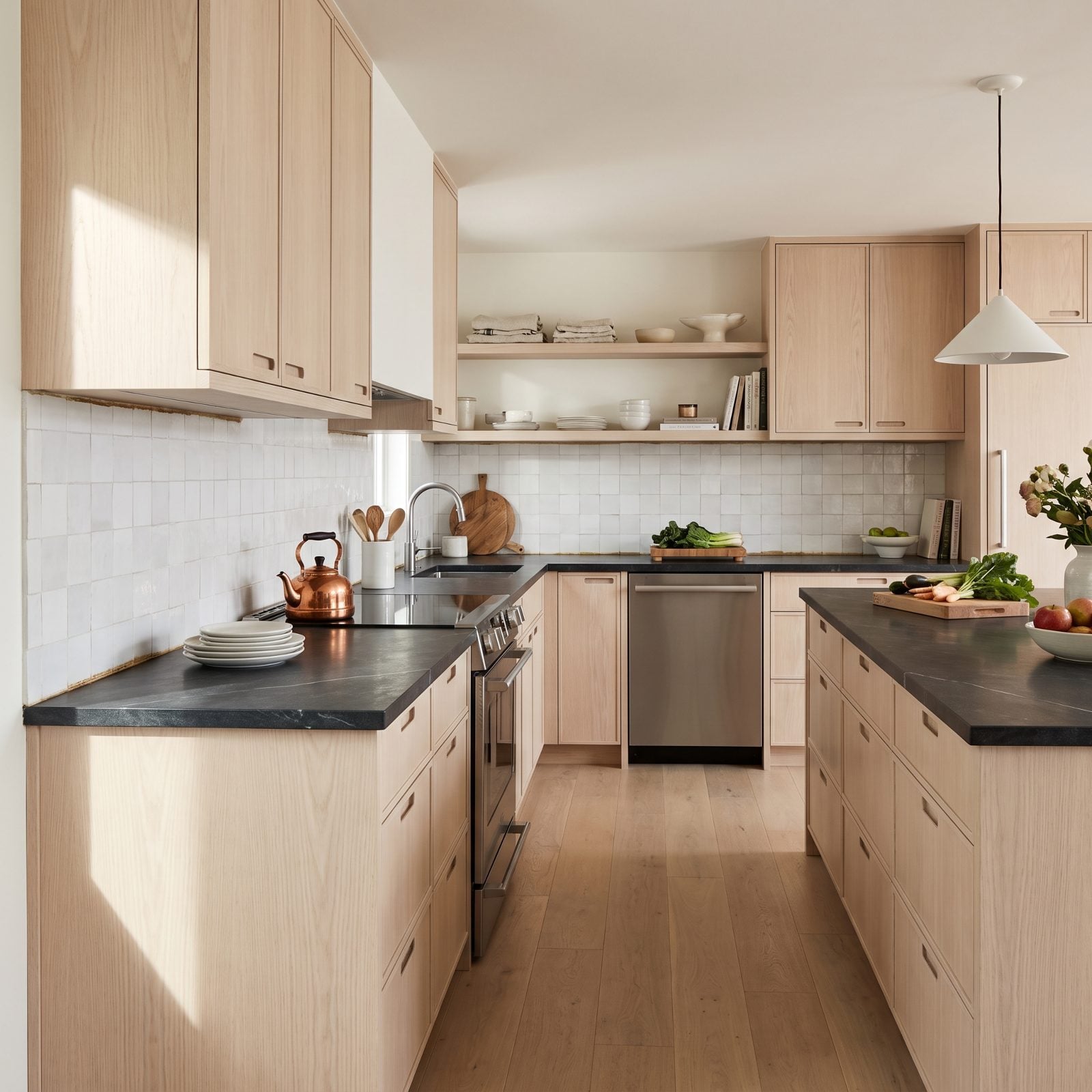Soapstone counter meeting white tile backsplash with a quarter-inch gap and dark residue along the seam.