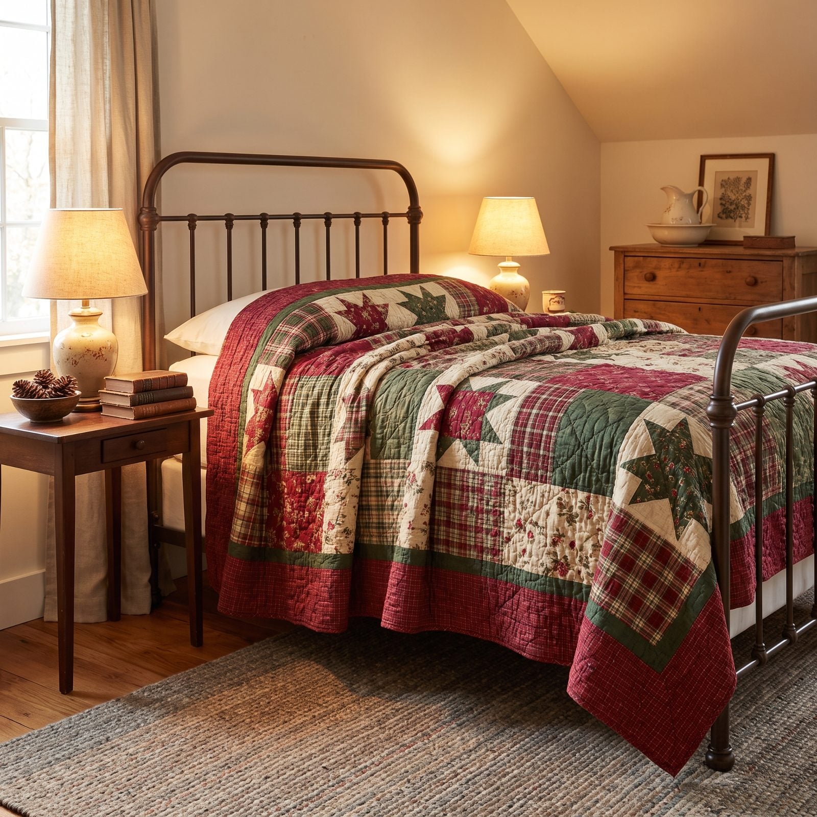 A Guest Room Finished with a Patchwork Christmas Quilt