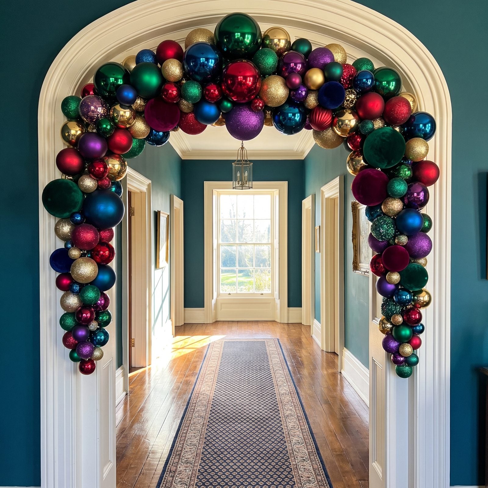 A Hallway Archway Covered in Oversized Ornaments
