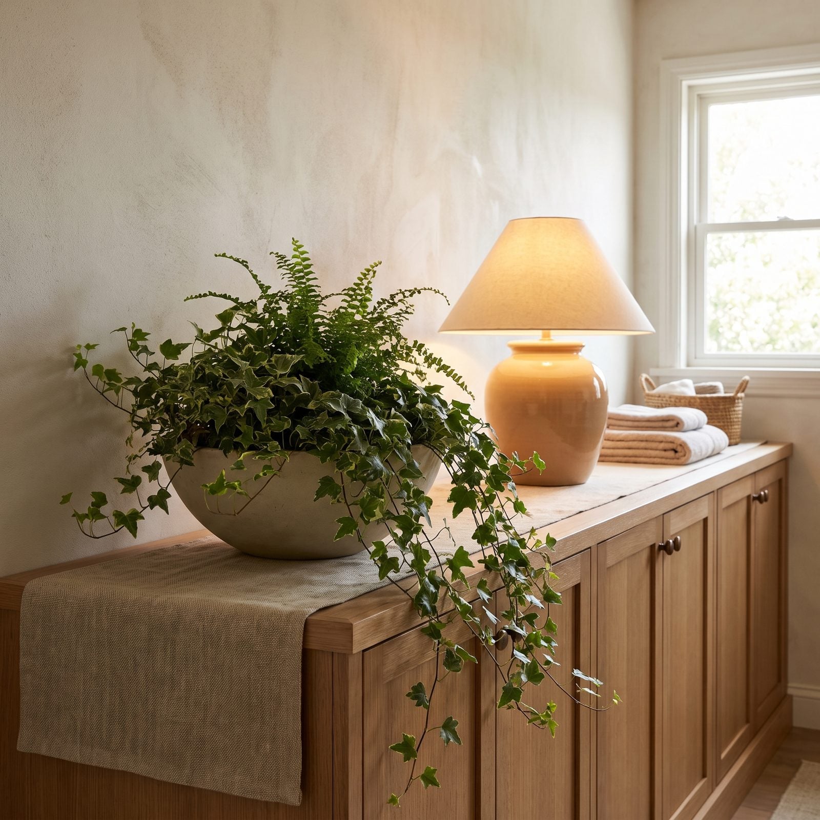 A Hallway Linen Cabinet Topped With Greenery