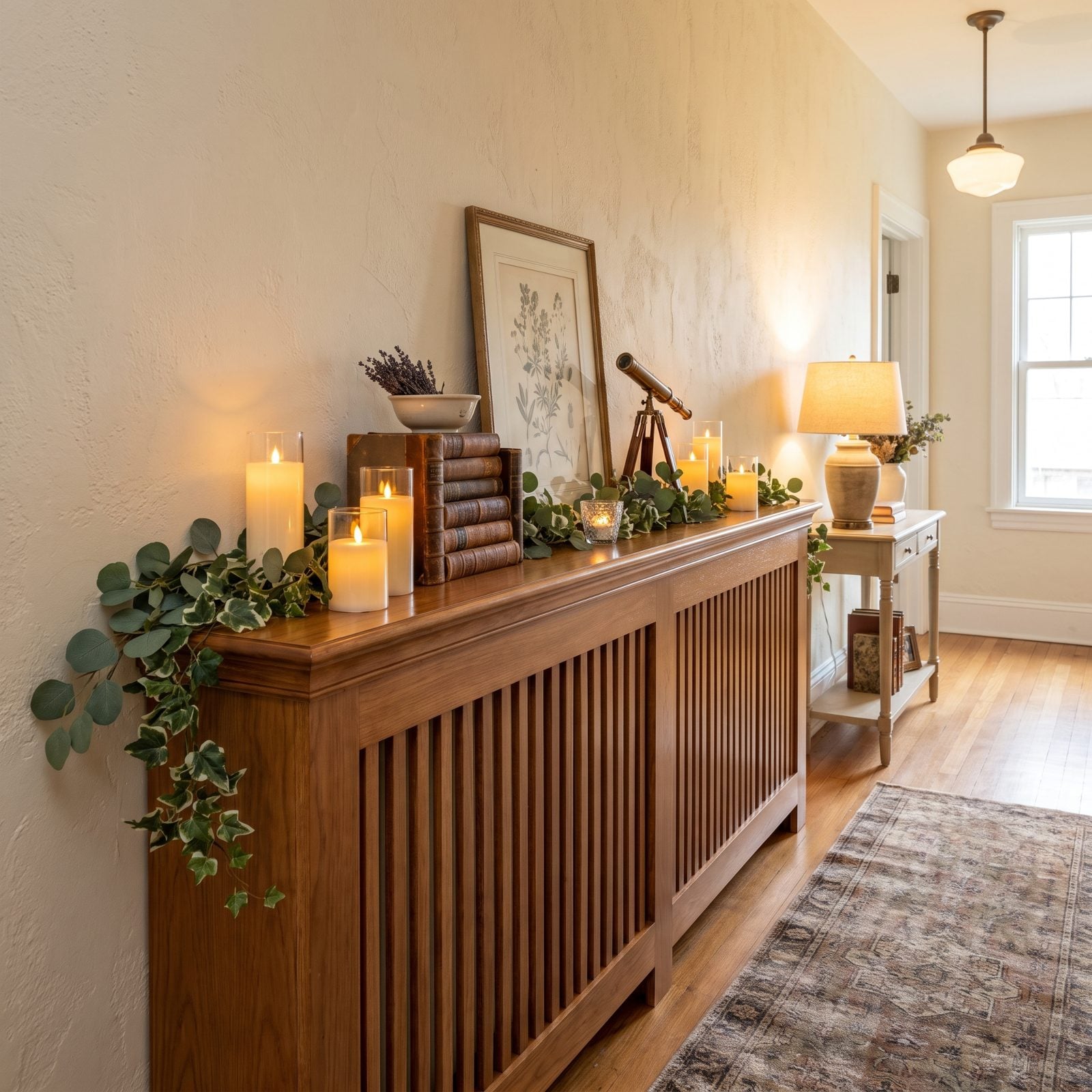 A Hallway Radiator Cover Playing the Part of a Narrow Mantel