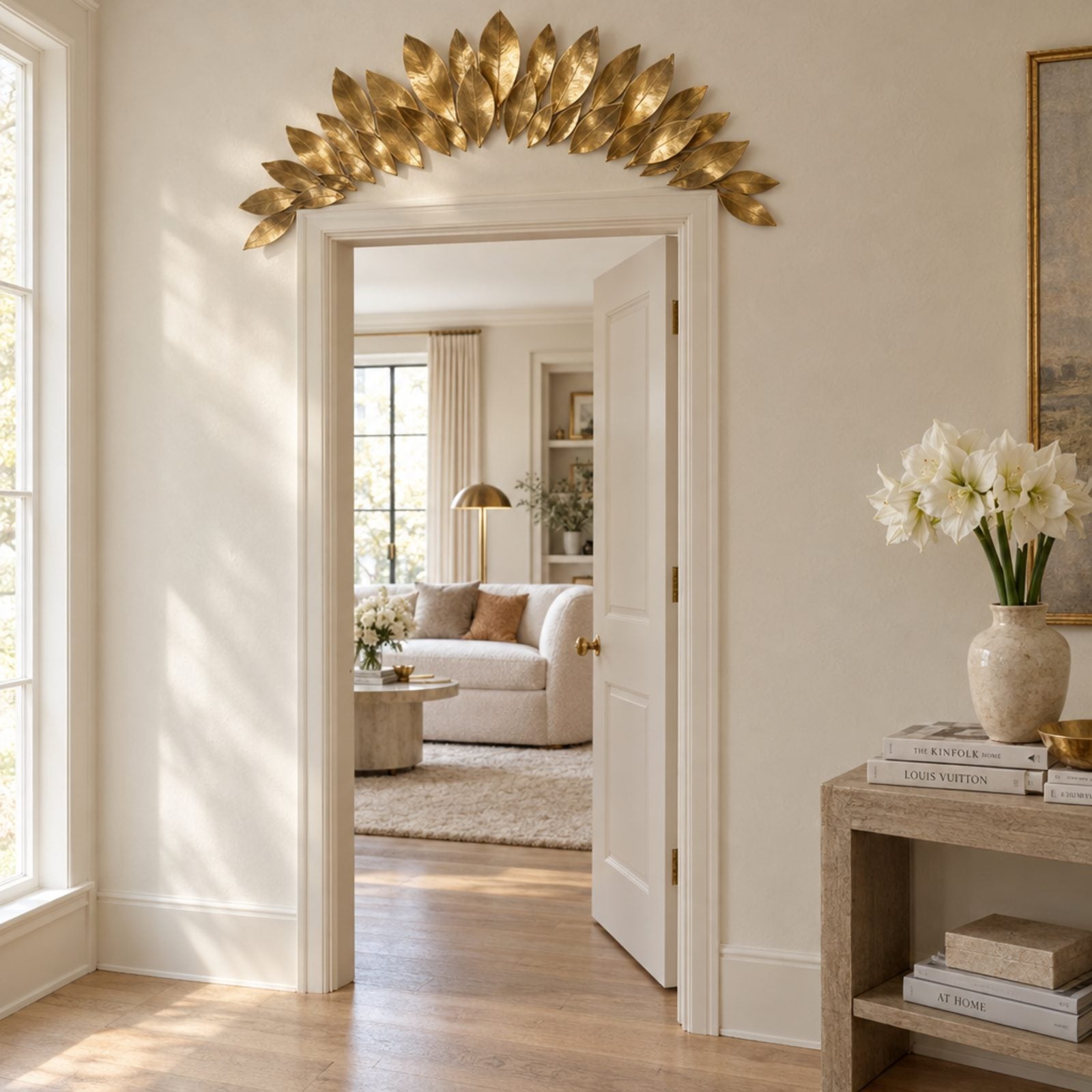 A Halo of Gold Metal Leaves Arched Above the Door