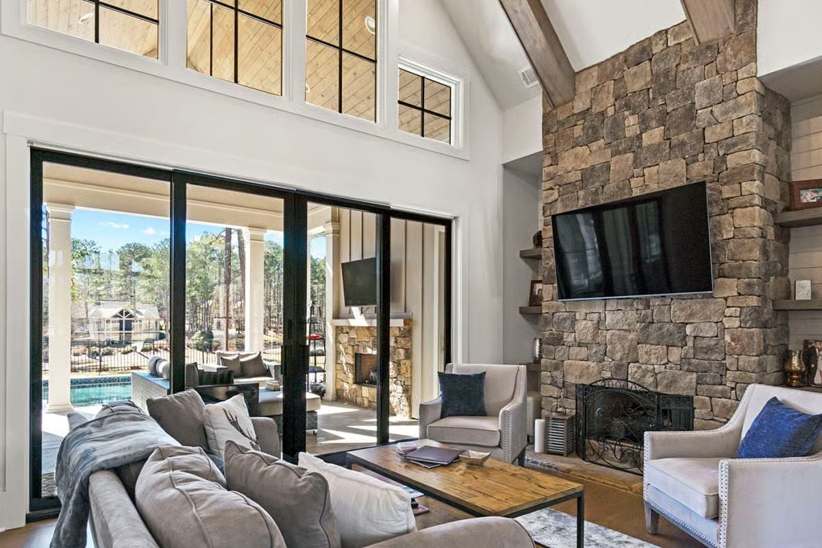 Stone Fireplace Tall Enough to Mean Business