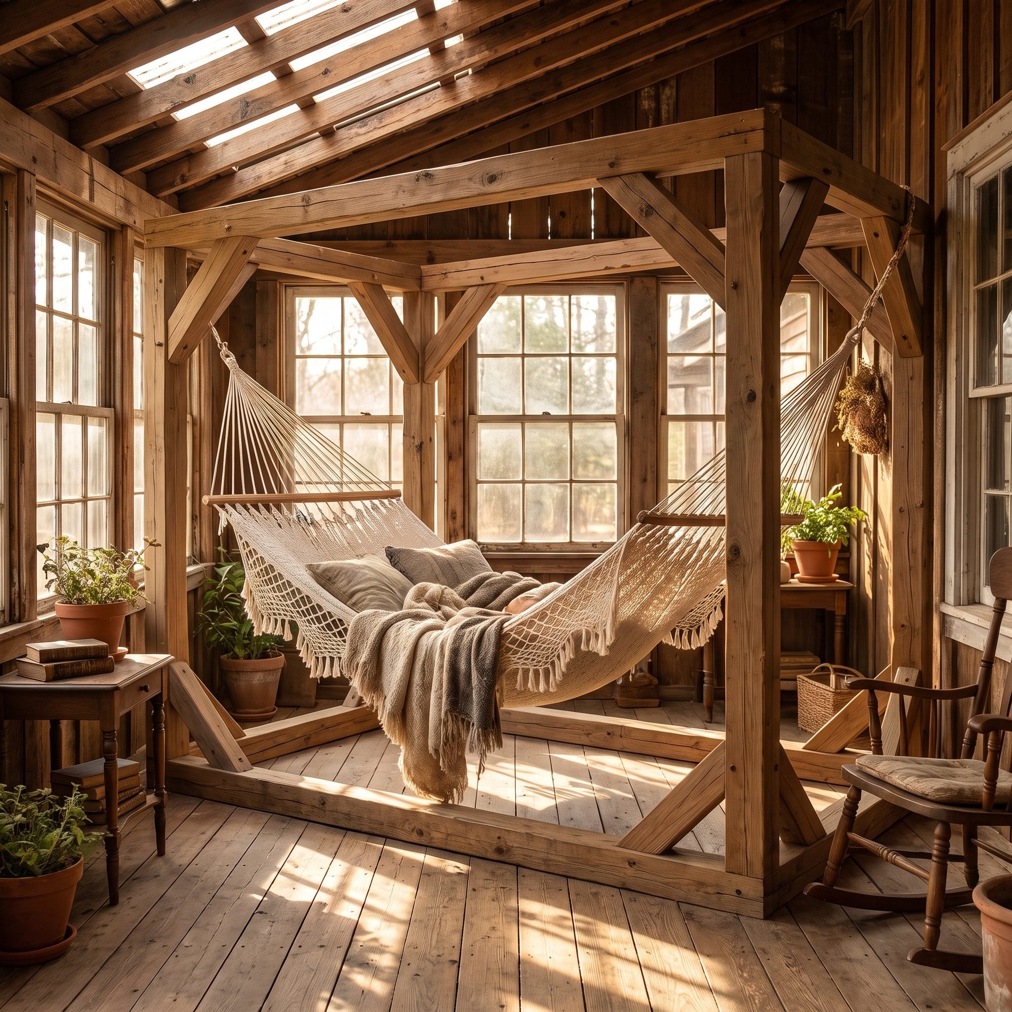 Hammock hung within a freestanding timber frame on a raised deck, with a shade sail overhead, a slatted rear panel and a reading chair
