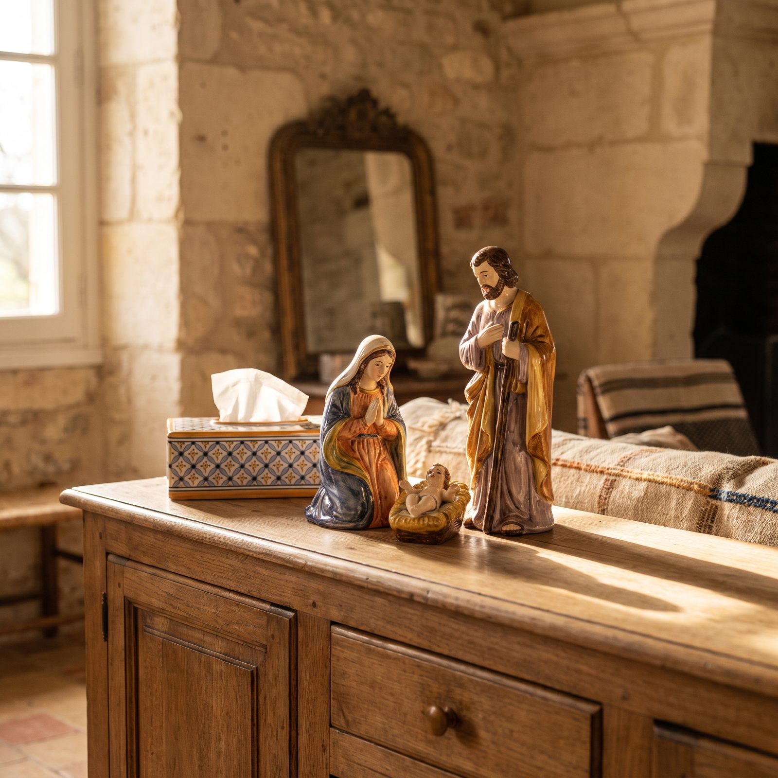 A Hand-Painted Nativity Set on the Sideboard