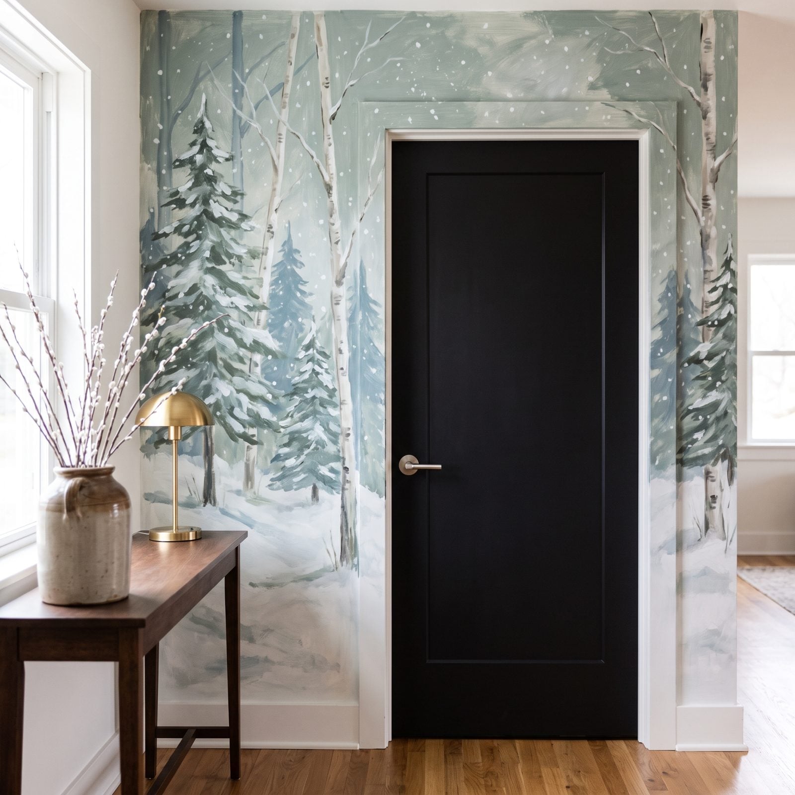 A Hand-Painted Winter Mural Surrounding the Entry