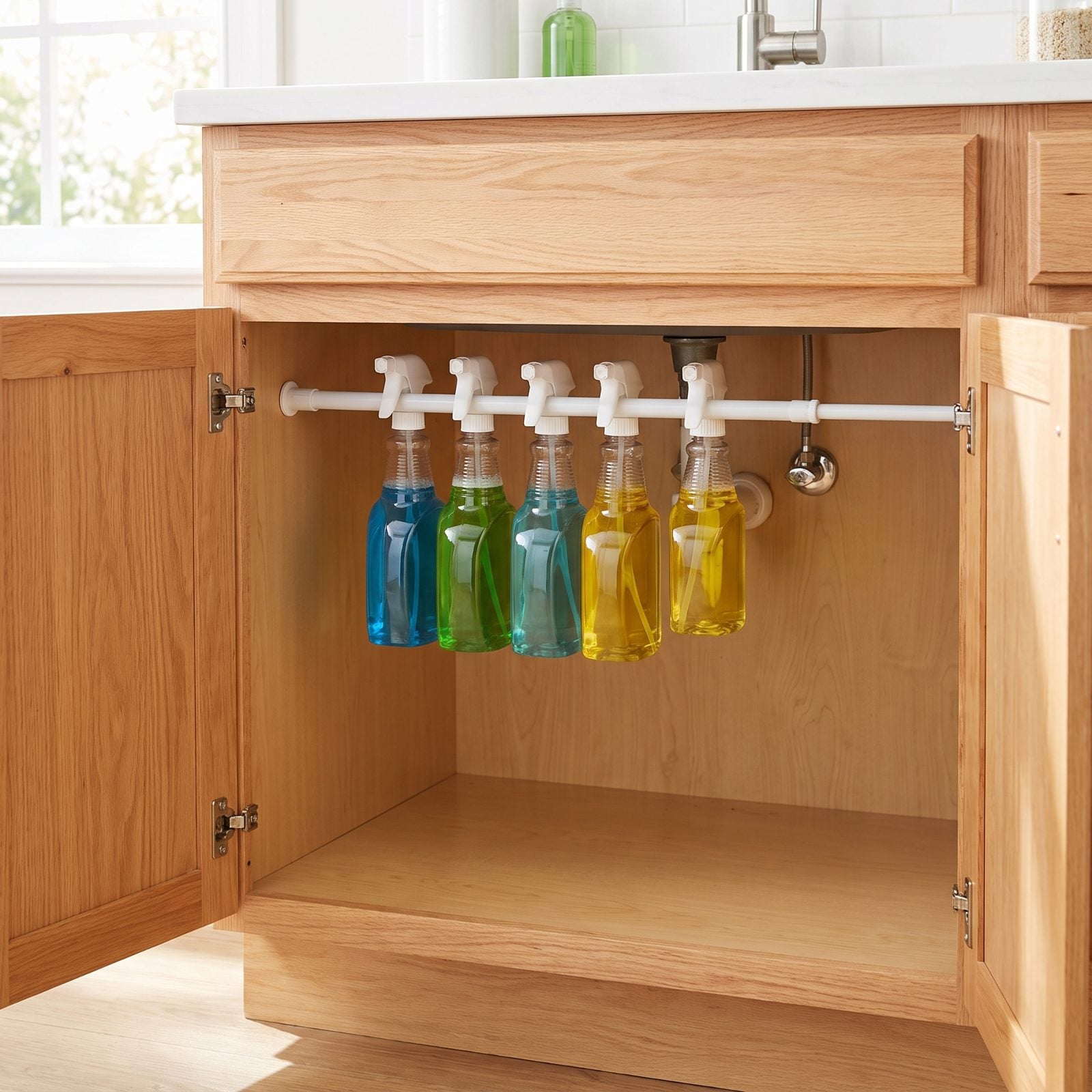 Hang Spray Bottles From a Tension Rod Under the Sink