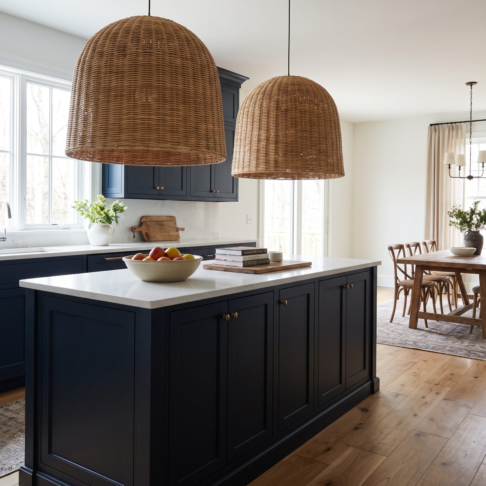 Kitchen island with two oversized matte-black dome pendants hung low enough to block the sightline across the island.