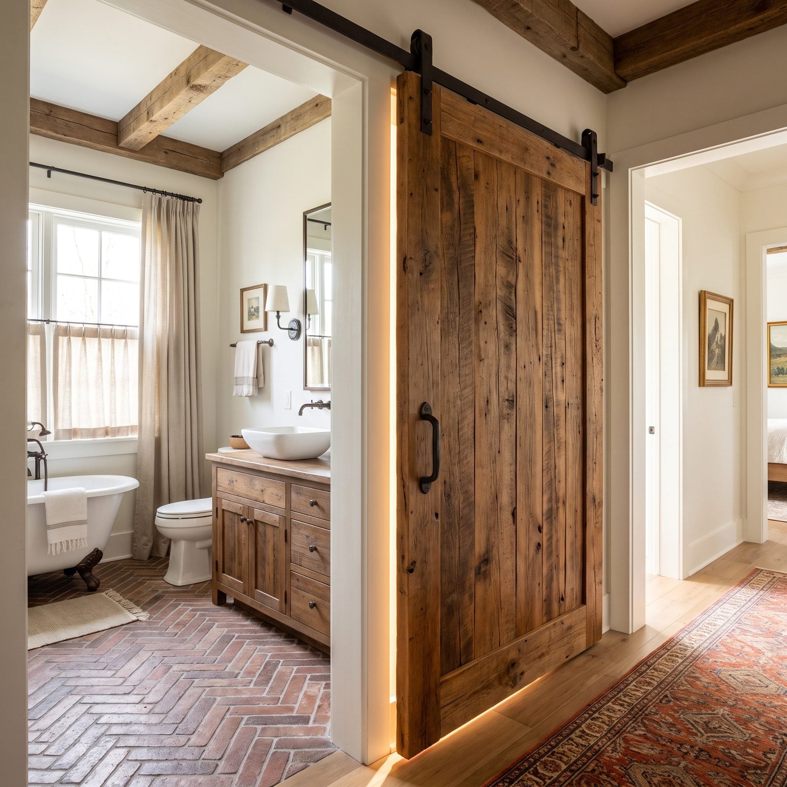 Bedroom with a sliding barn door to an en suite showing a gap along the edge where light passes through.