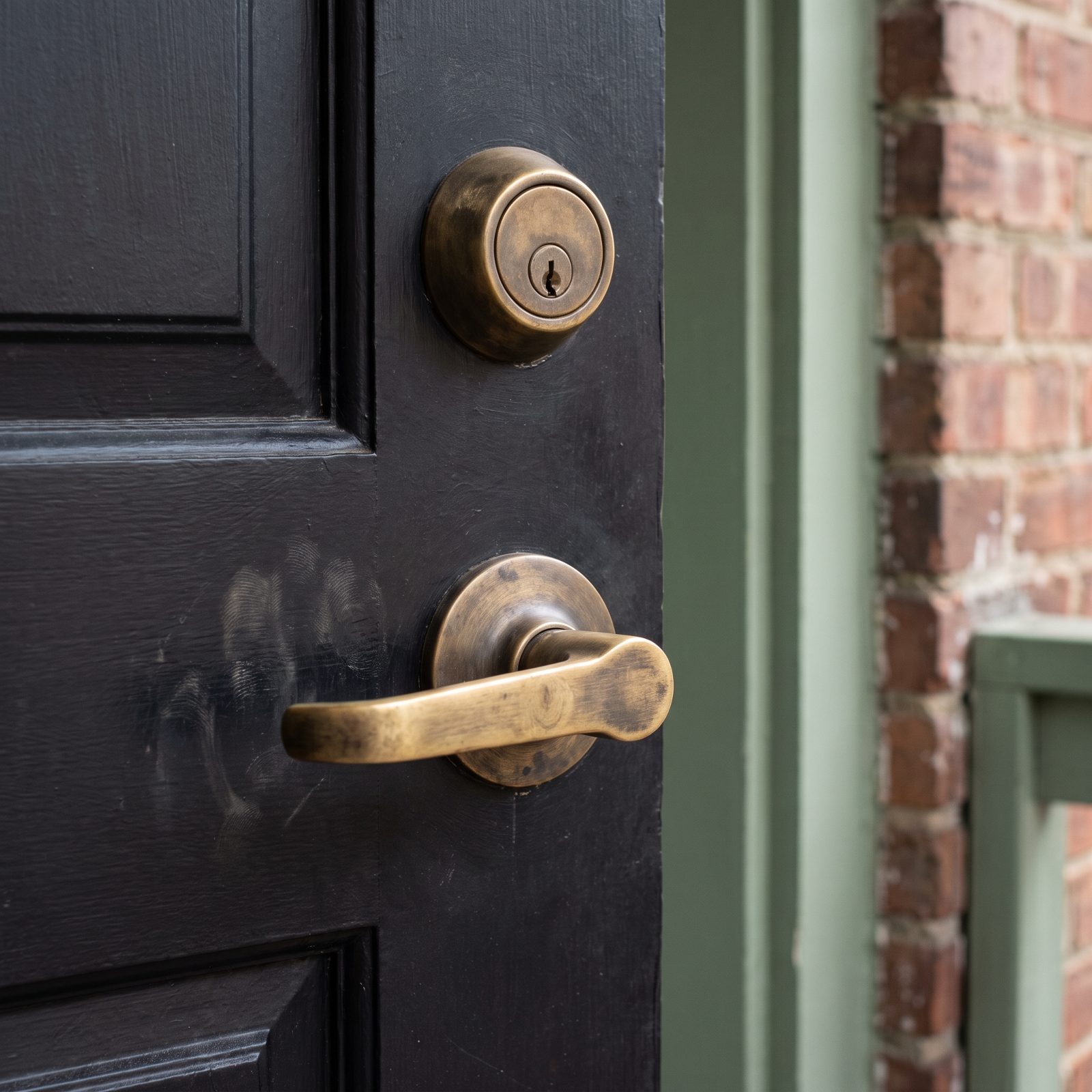 Close-up of a matte black front door with an unlacquered brass lever handle showing a darkened patina.