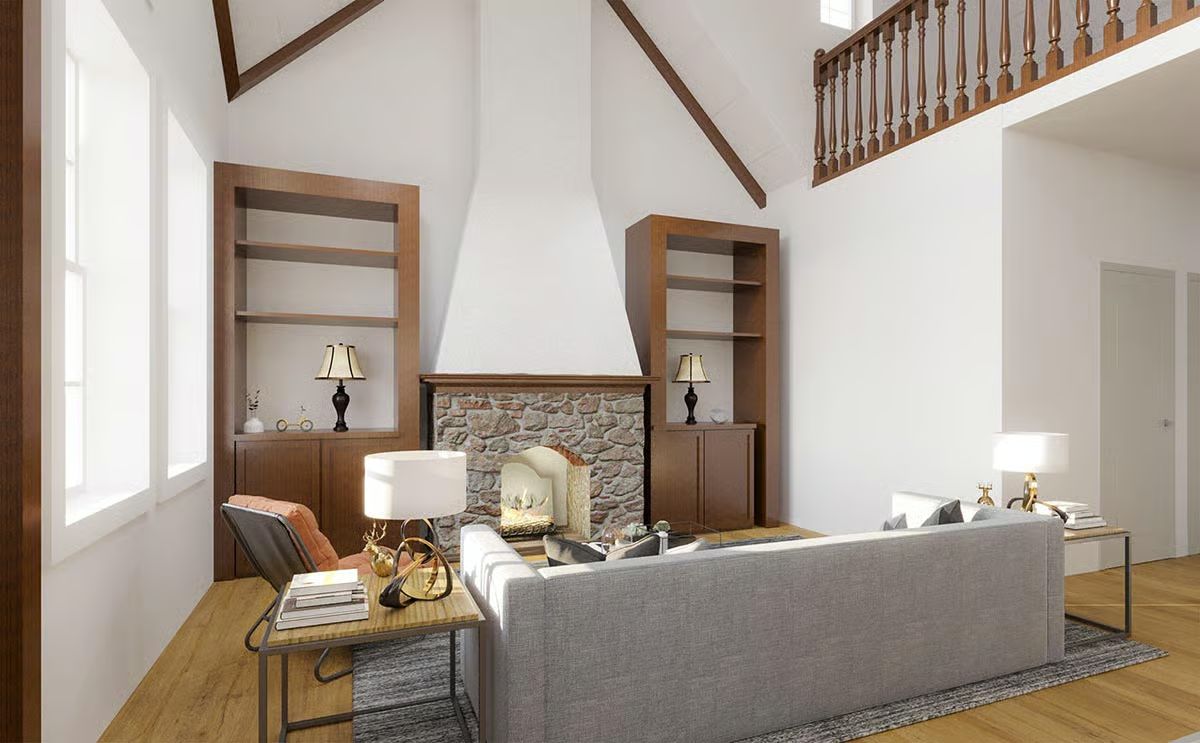 Stone Fireplace Lodge Room That Makes a Vaulted Ceiling Feel Intimate