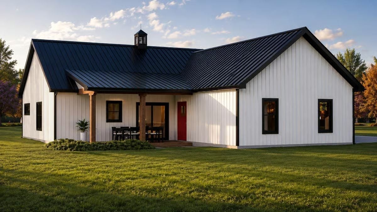 Black Metal Roof, Red Door, and a Covered Porch That Actually Gets Used