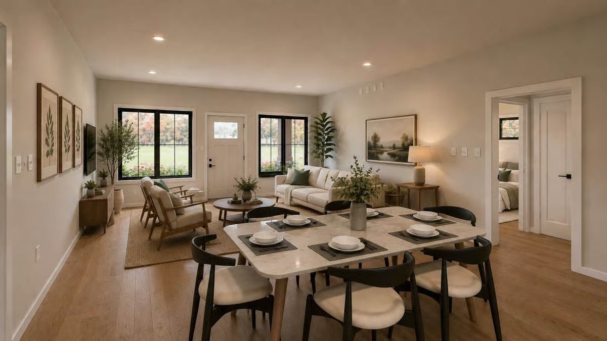 Marble Table, Warm Oak Floors, and a Living Room That Actually Breathes