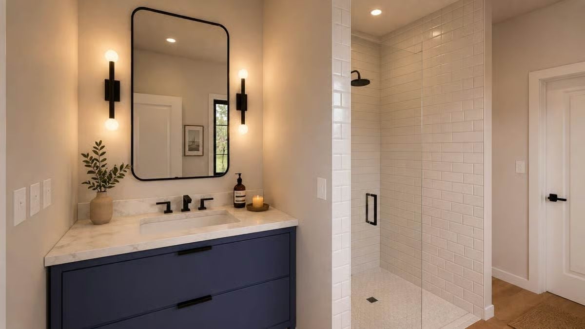 Navy Vanity, Marble Counter, and a Walk-In Shower That Earns Its Square Footage