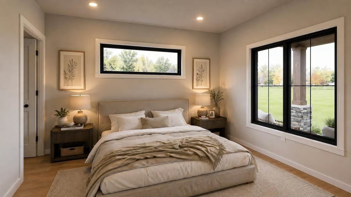 Warm Lamps, Layered Linens, and a Clerestory Window That Frames the Yard