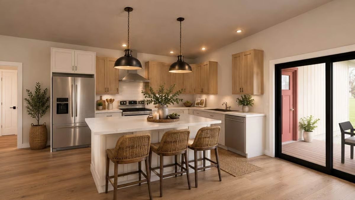 Wicker Barstools, Warm Oak, and Pendant Lights That Actually Pull Their Weight