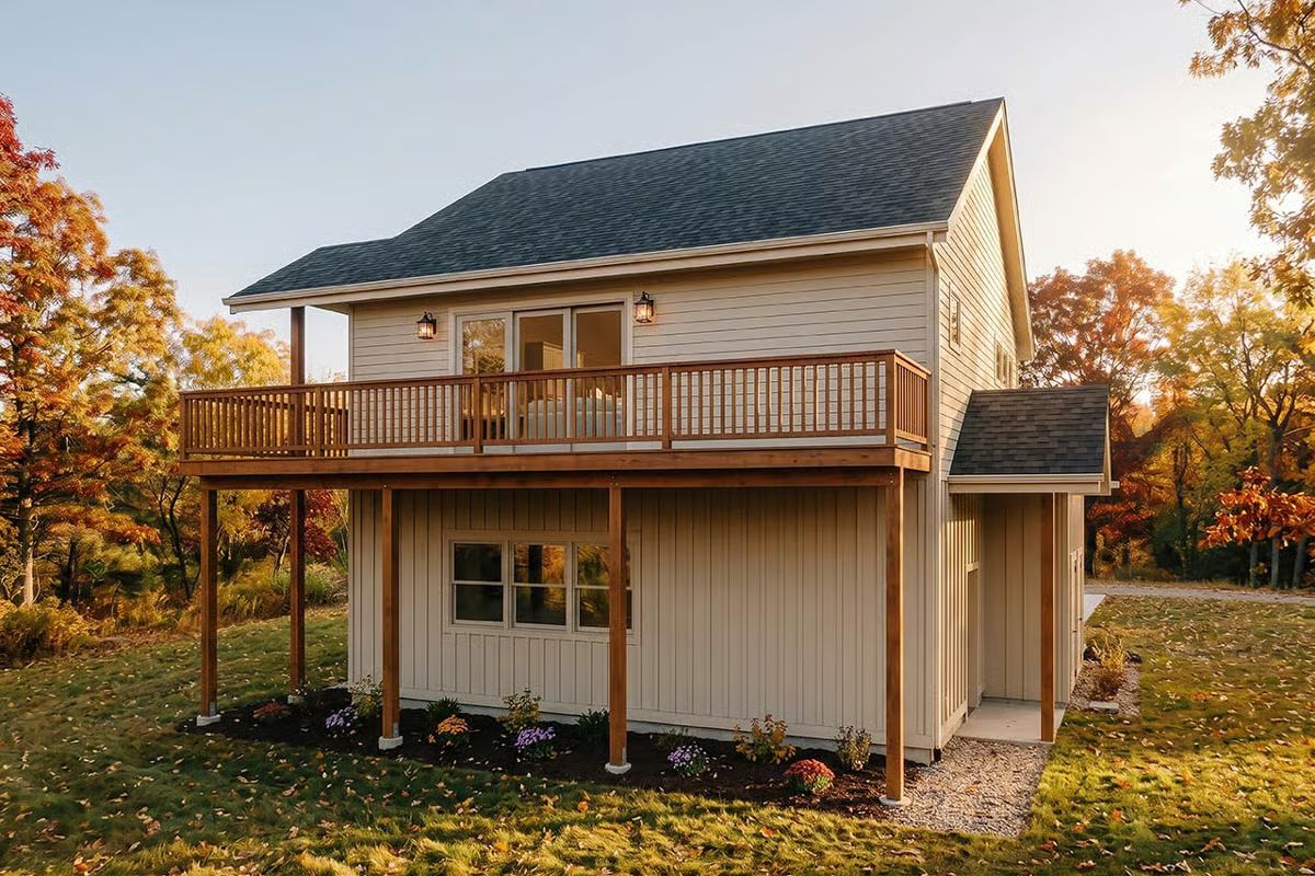 Raised Deck, Vertical Siding, and Autumn Trees Doing Most of the Work