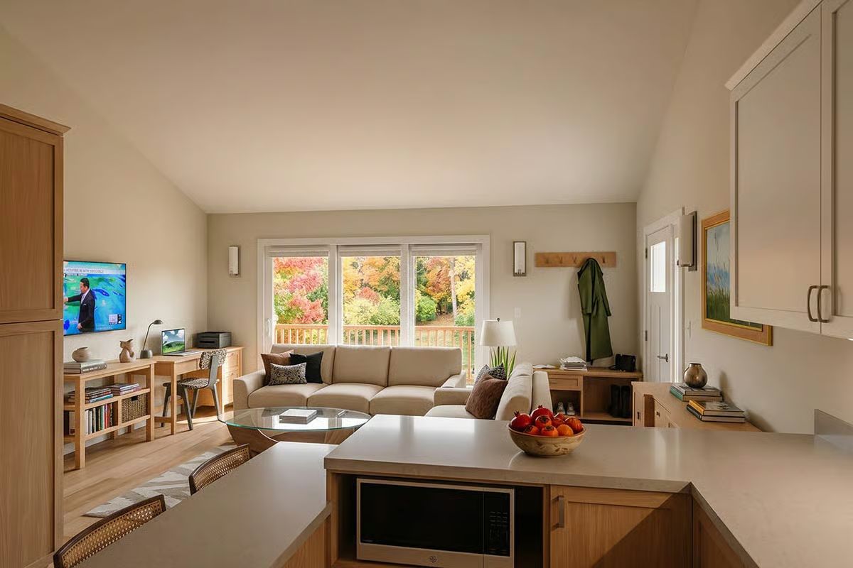 Vaulted Ceiling, Glass Table, and Fall Colors Framing the Whole Room