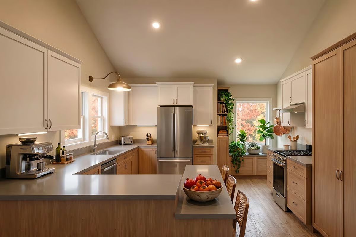Warm Wood Lowers, White Uppers, and a Fruit Bowl That Earns Its Place on the Island
