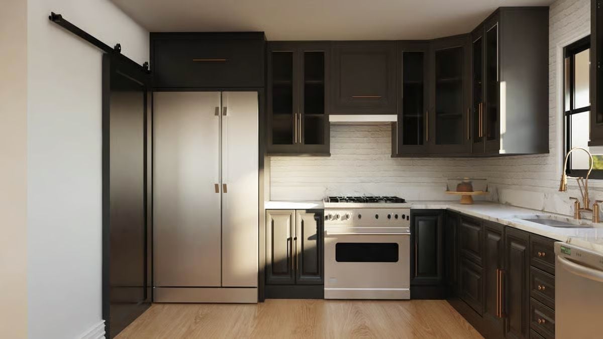 Dark Cabinets, Brass Hardware, and a Refrigerator That Earns Its Footprint