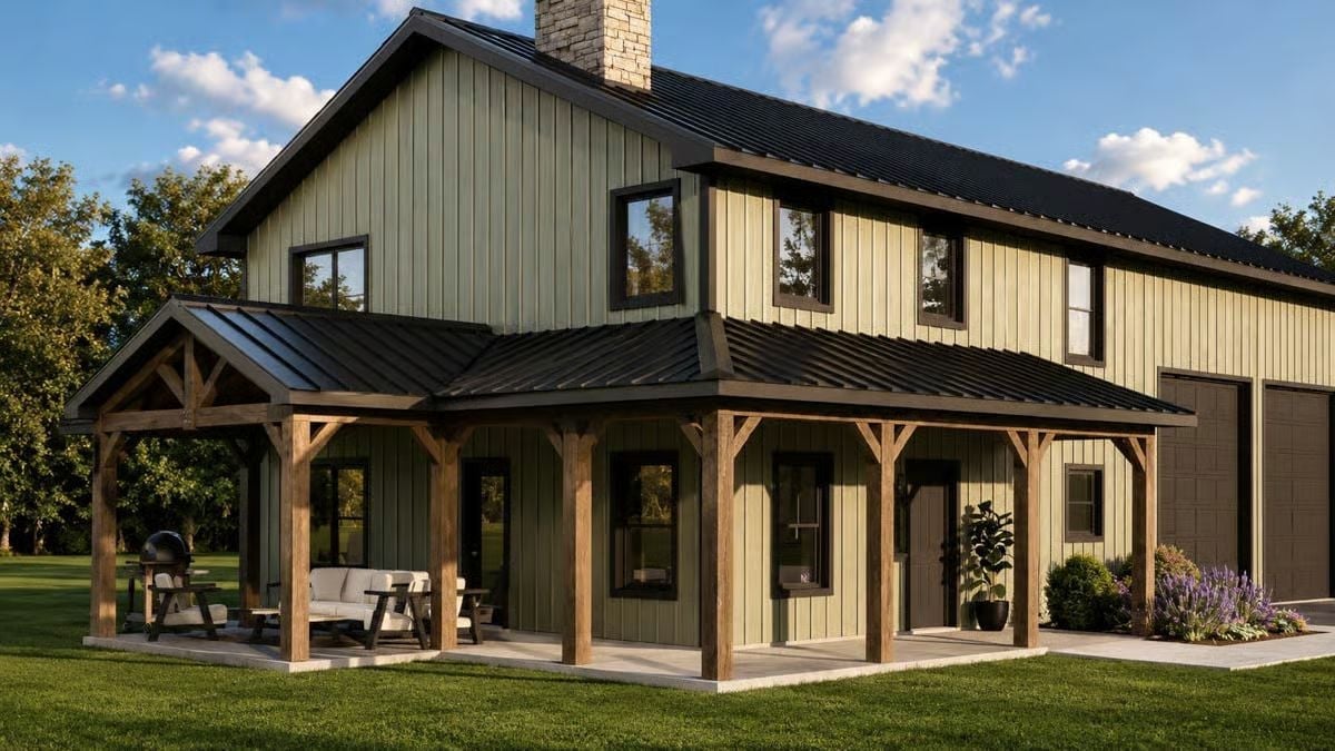 Sage Siding, Black Metal Roof, and Wood Posts That Mean Business