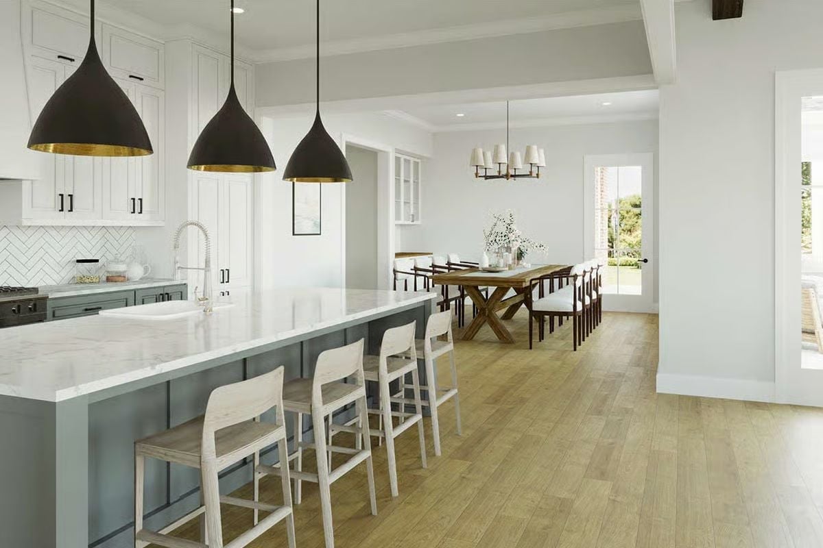 Sage Green Island, Marble Counters, and Black Pendants With Gold Interiors