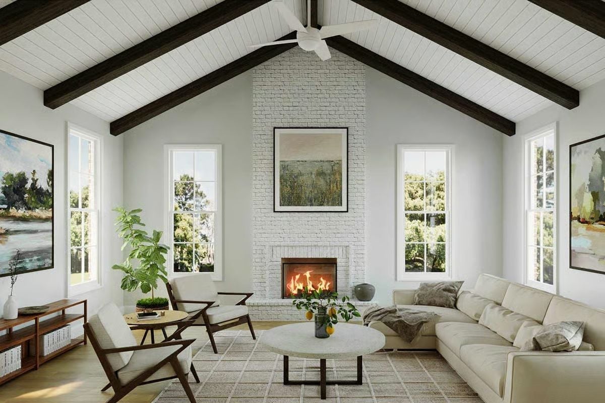 Vaulted Beams, White Brick, and a Fire That Earns the Whole Room's Attention