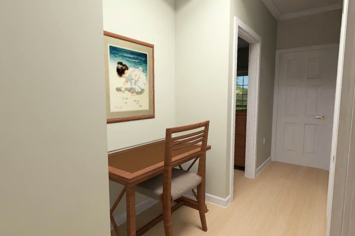 Quiet Corner Desk Nook with Beach Art and a View Down the Hall
