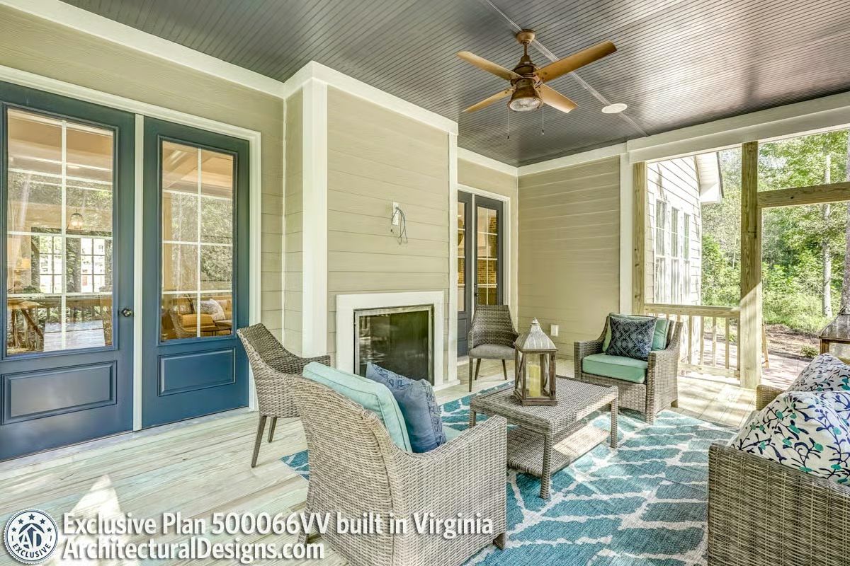 Beadboard Ceiling and an Outdoor Fireplace That Makes the Screened Porch Usable Year-Round