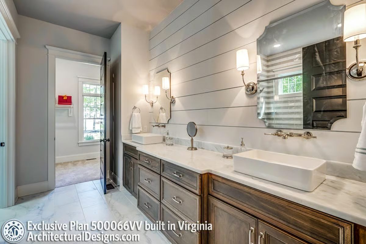 Vessel Sinks and Shiplap Wall Give This Primary Bath Its Personality
